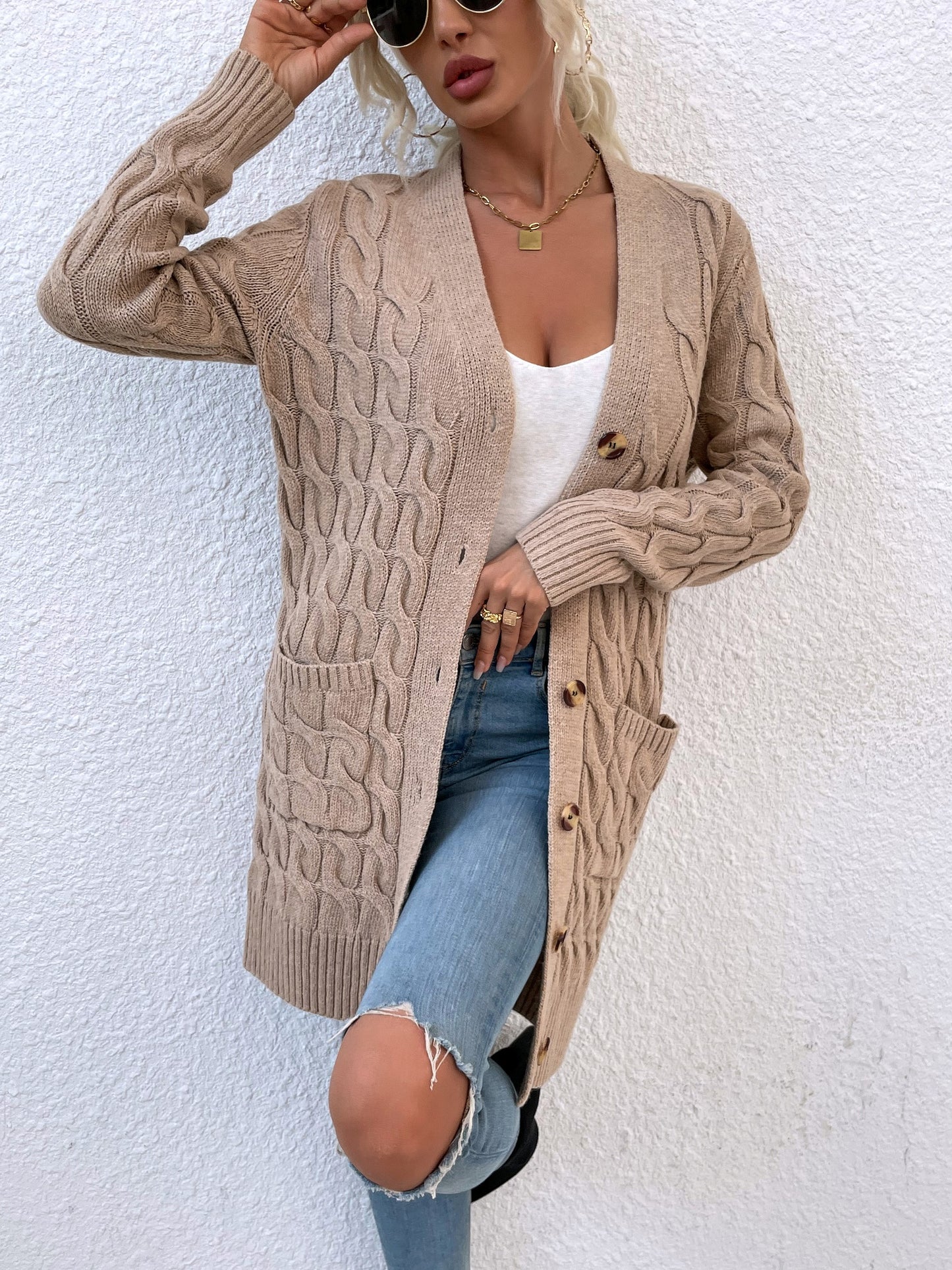 New long coat twist rope solid color cardigan sweater