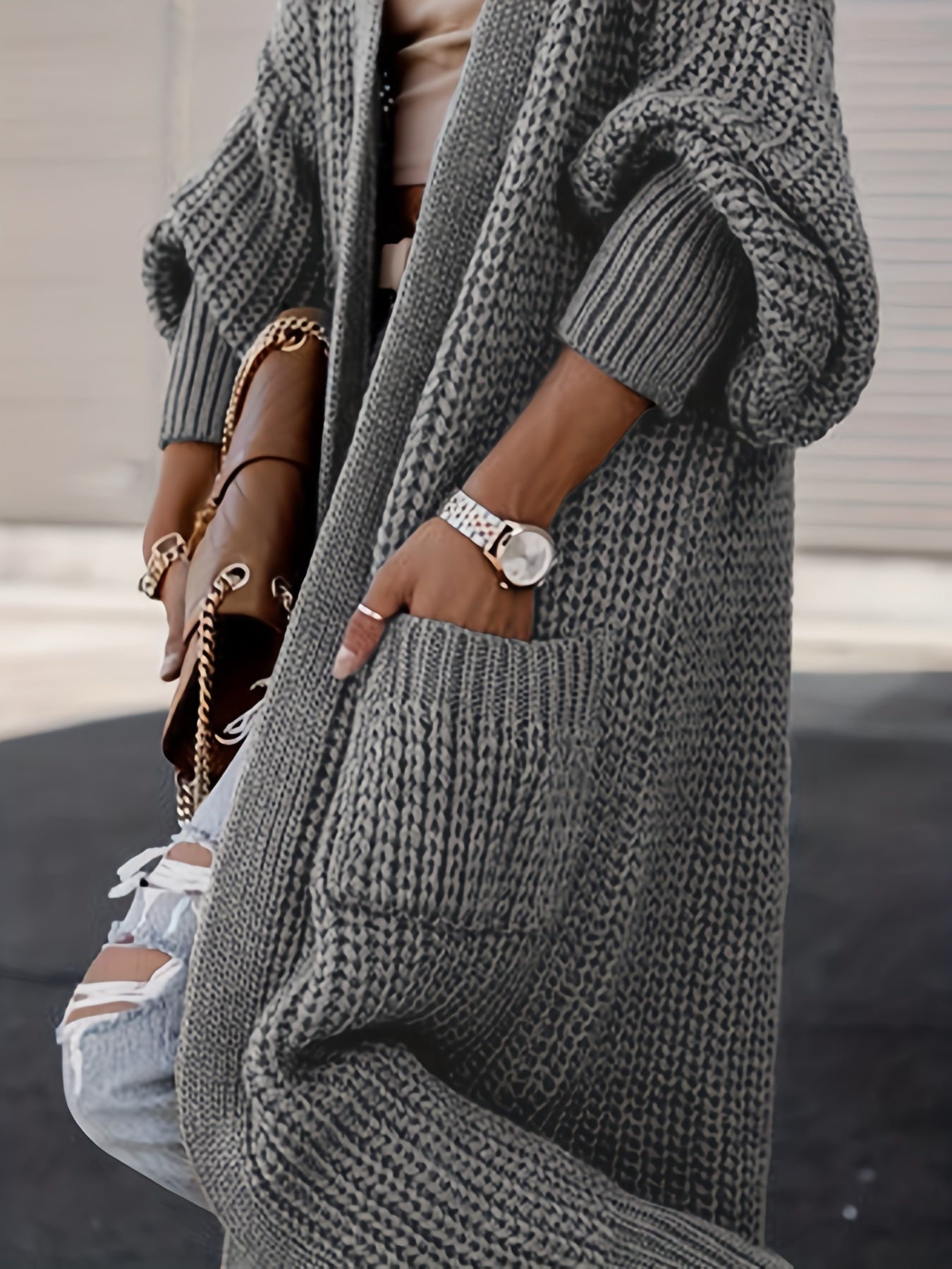 Plus Size Casual Cardigan, Women's Plus Solid Long Sleeve Open Front Cardigan With Pockets