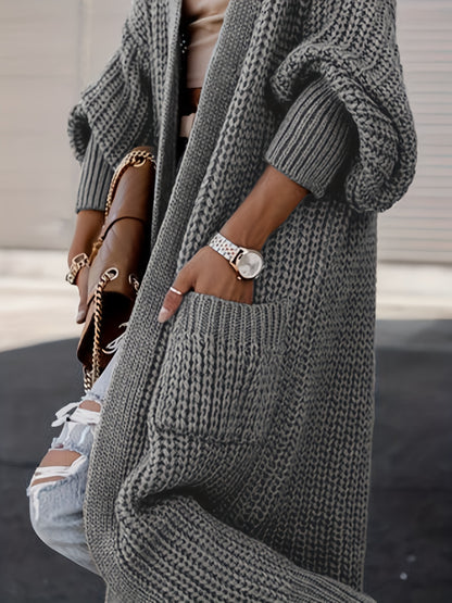 Plus Size Casual Cardigan, Women's Plus Solid Long Sleeve Open Front Cardigan With Pockets