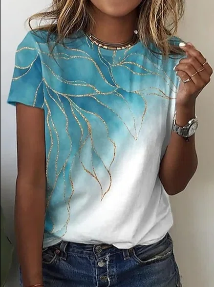 Crew Neck Ombre Color Block Leaves Floral Casual Cotton-Blend T-Shirt/Tee