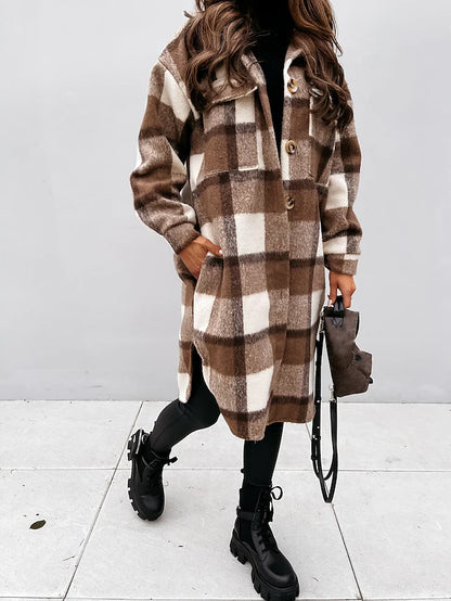 Women's trench coat set head long plaid coat with pockets slim coat