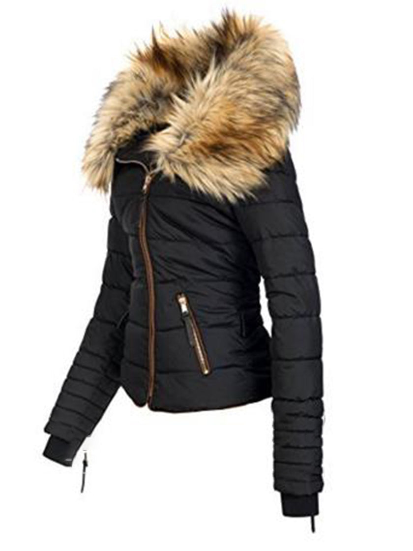Faux fur collar zipper patchwork women's coat