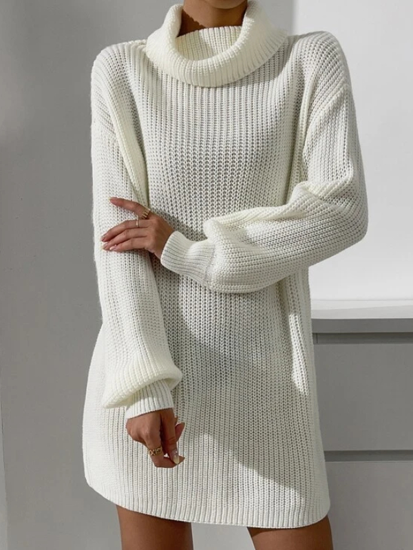 Cowl Neck Drop Shoulder Sweater Dress Without Belt