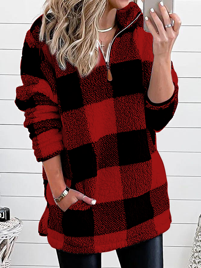 Casual Plaid Loose Fluff Cotton Fleece Fabric Sweatshirt