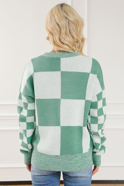 Checkered Drop Shoulder Long Sleeve Sweater AC