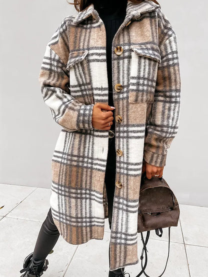 Women's trench coat set head long plaid coat with pockets slim coat