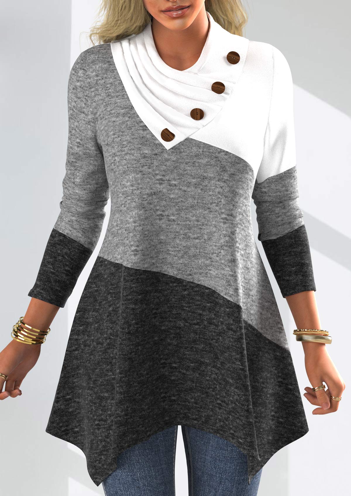 Decorative Button Patchwork Long Sleeve Asymmetrical Neck Sweatshirt