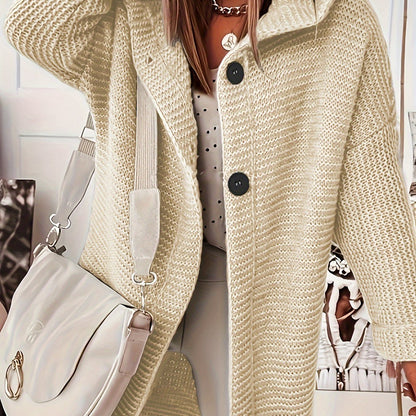 Plus Size Casual Cardigan, Women's Plus Solid Button Up Long Sleeve Hoodie Cardigan