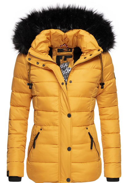 Fashion quilted jacket with faux fur hood