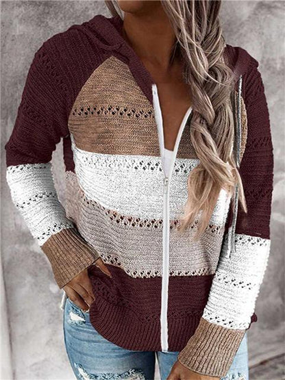 Contrast Color Knitted Zipper Lightweight Tops