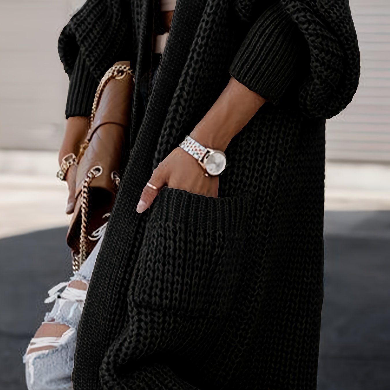 Plus Size Casual Cardigan, Women's Plus Solid Long Sleeve Open Front Cardigan With Pockets