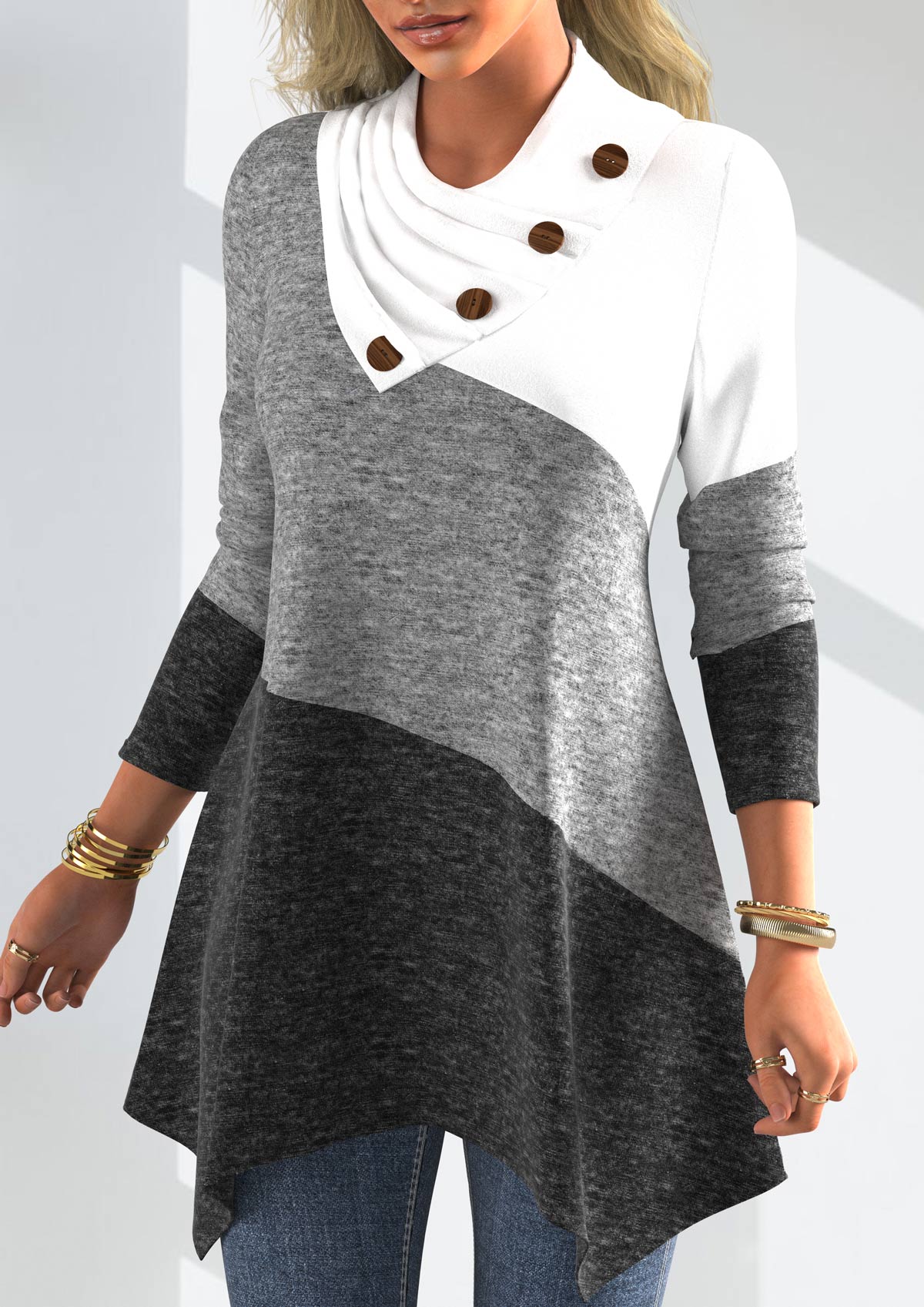 Decorative Button Patchwork Long Sleeve Asymmetrical Neck Sweatshirt