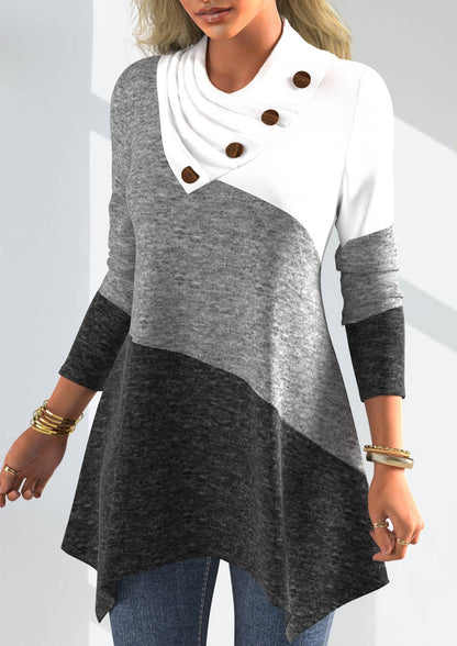 Decorative Button Patchwork Long Sleeve Asymmetrical Neck Sweatshirt