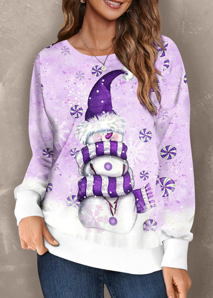Christmas Purple Snowman Print Long Sleeve Sweatshirt