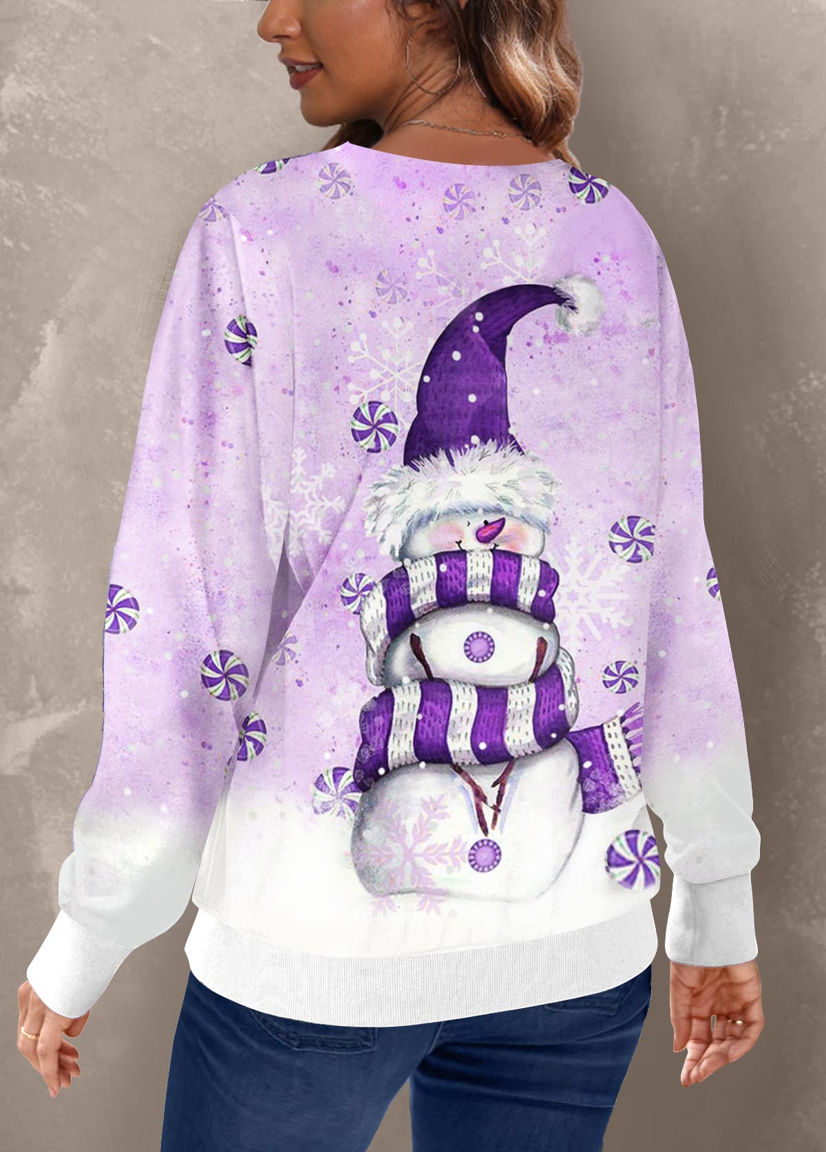 Christmas Purple Snowman Print Long Sleeve Sweatshirt