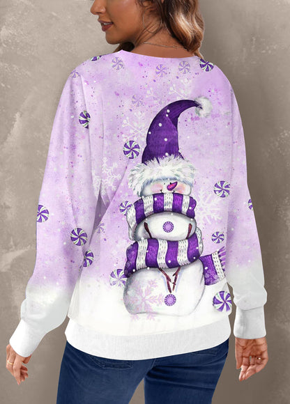 Christmas Purple Snowman Print Long Sleeve Sweatshirt