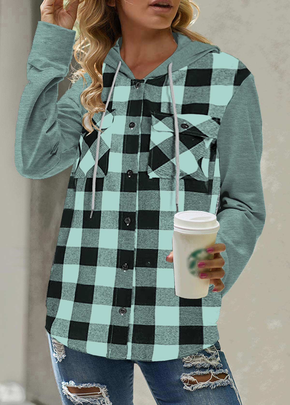 Mint Green Pocket Plaid Long Sleeve Hoodie