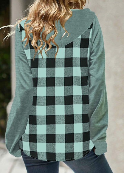 Mint Green Pocket Plaid Long Sleeve Hoodie