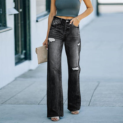 Women's Wide Leg Jeans Flare Leg Ripped Plain Jeans Classic Modern Regular Spring &  Fall Black Blue
