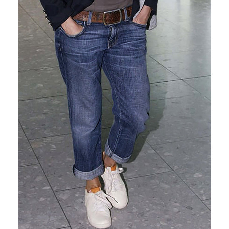 Blue Denim Washed Casual Patchwork Jeans