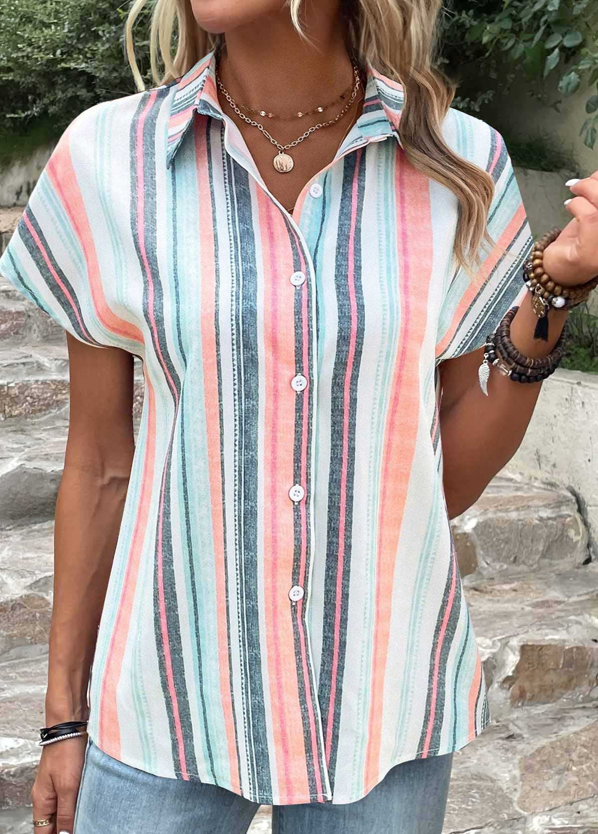 Multi Color Button Striped Short Sleeve Blouse
