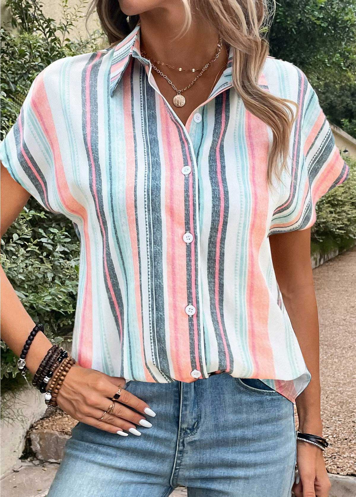 Multi Color Button Striped Short Sleeve Blouse