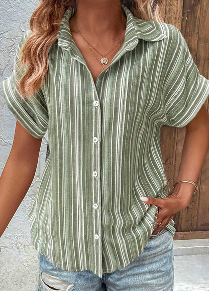 Multi Color Button Striped Short Sleeve Blouse