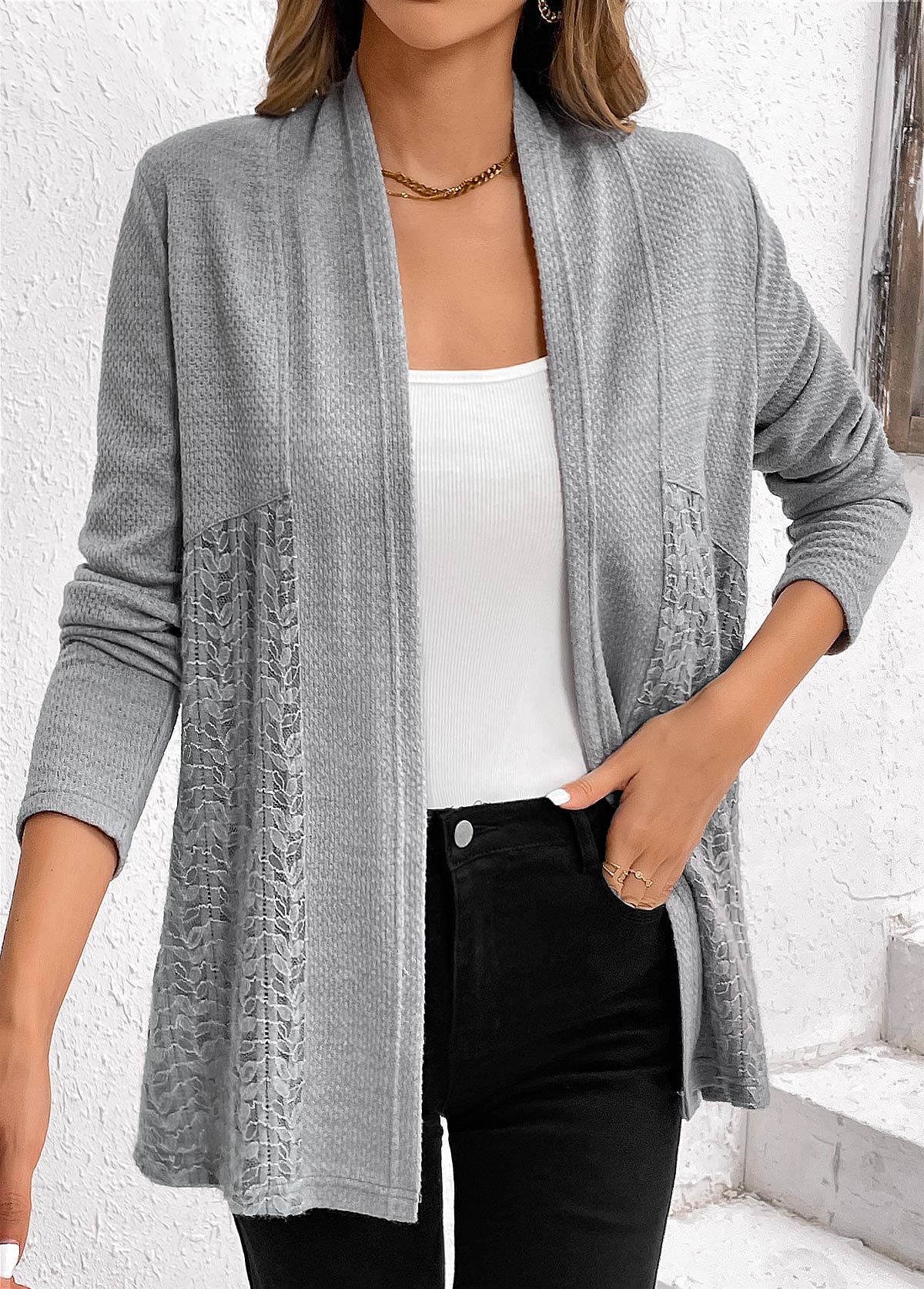 Grey Lace Patchwork Long Sleeve Cardigan