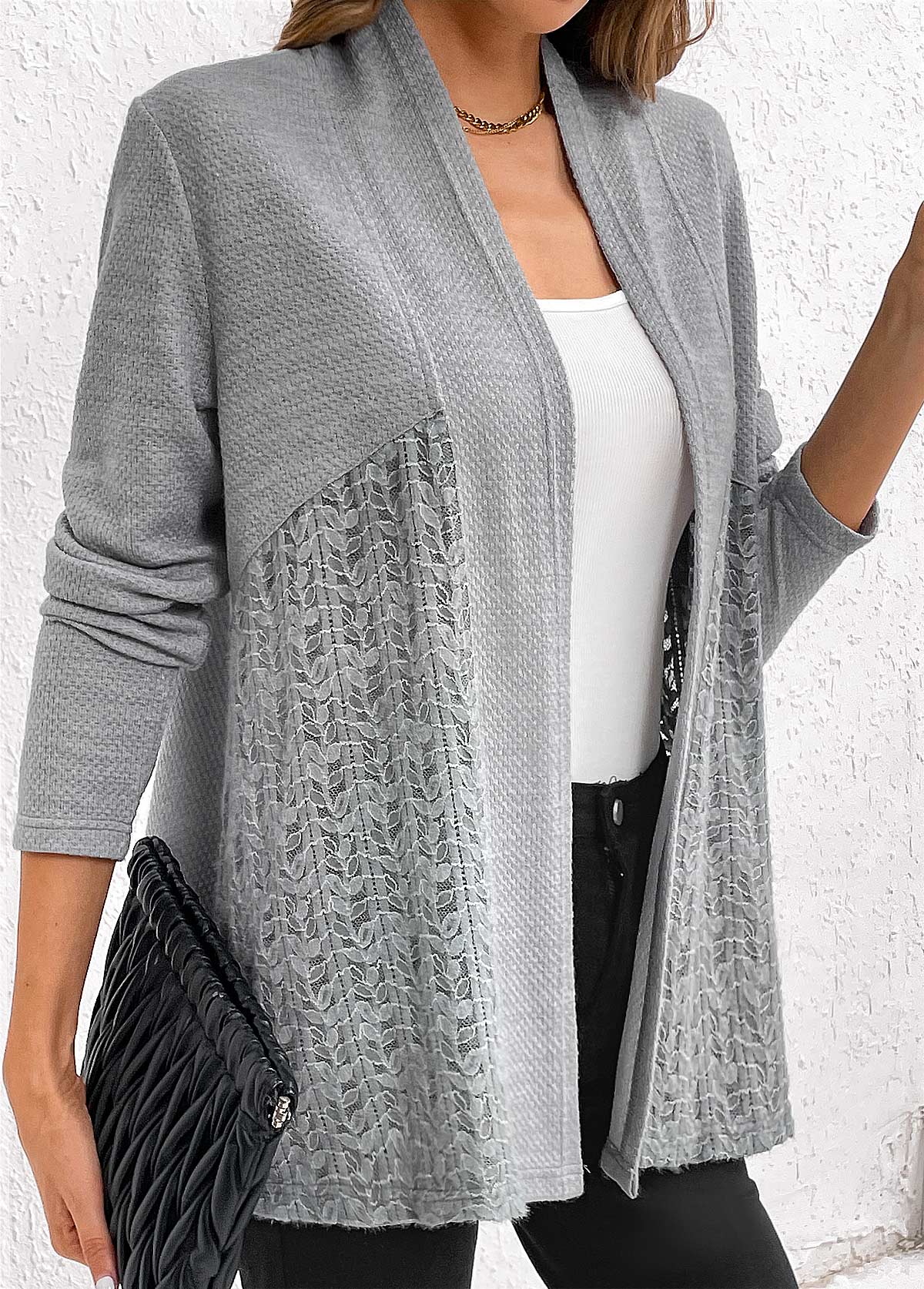 Grey Lace Patchwork Long Sleeve Cardigan