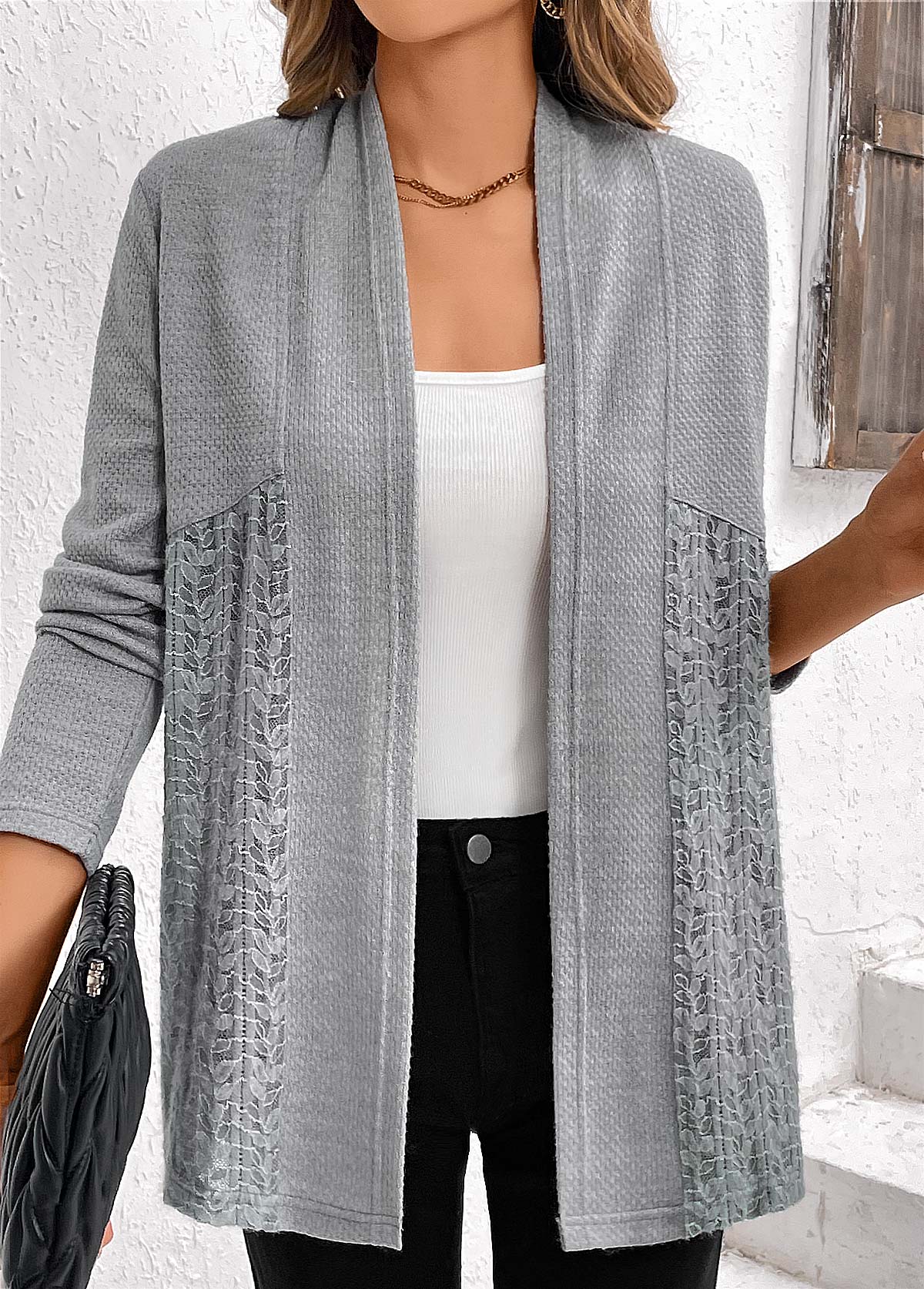 Grey Lace Patchwork Long Sleeve Cardigan