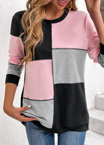 Light Pink Patchwork Long Sleeve Round Neck Sweatshirt