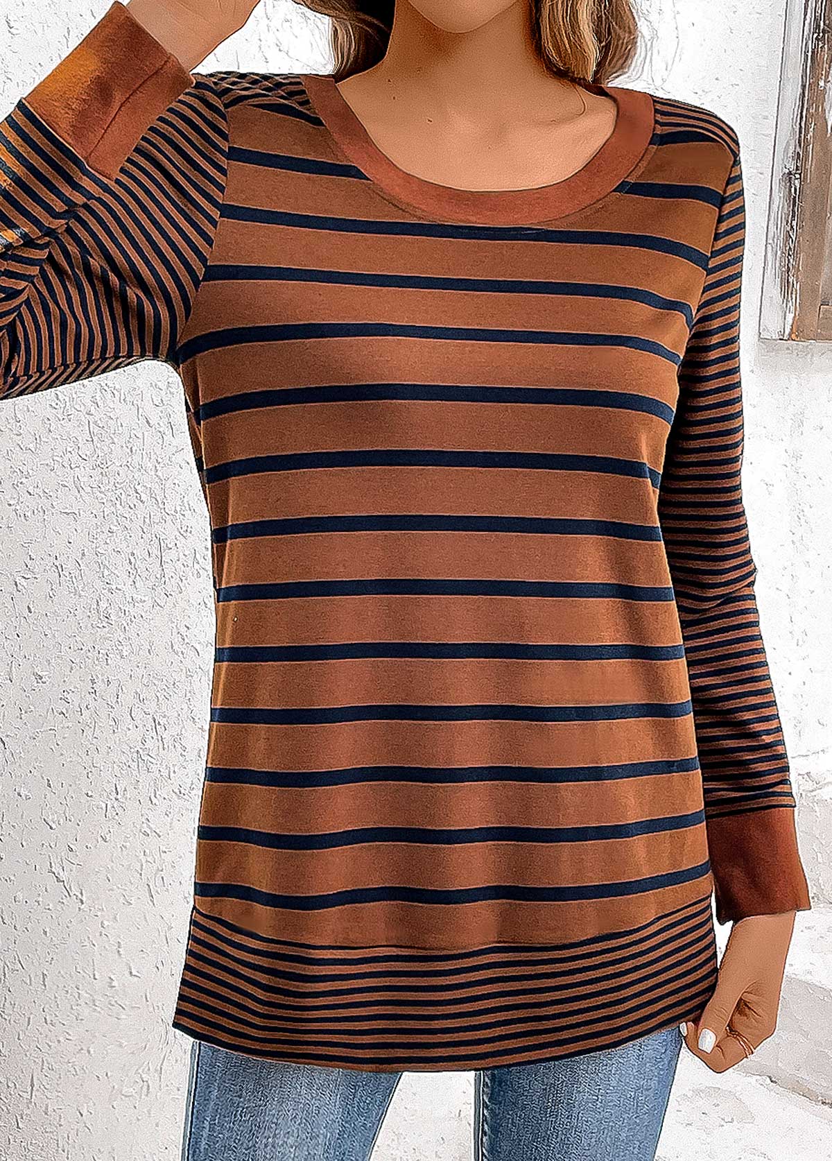 Dark Coffee Patchwork Striped Long Sleeve T Shirt