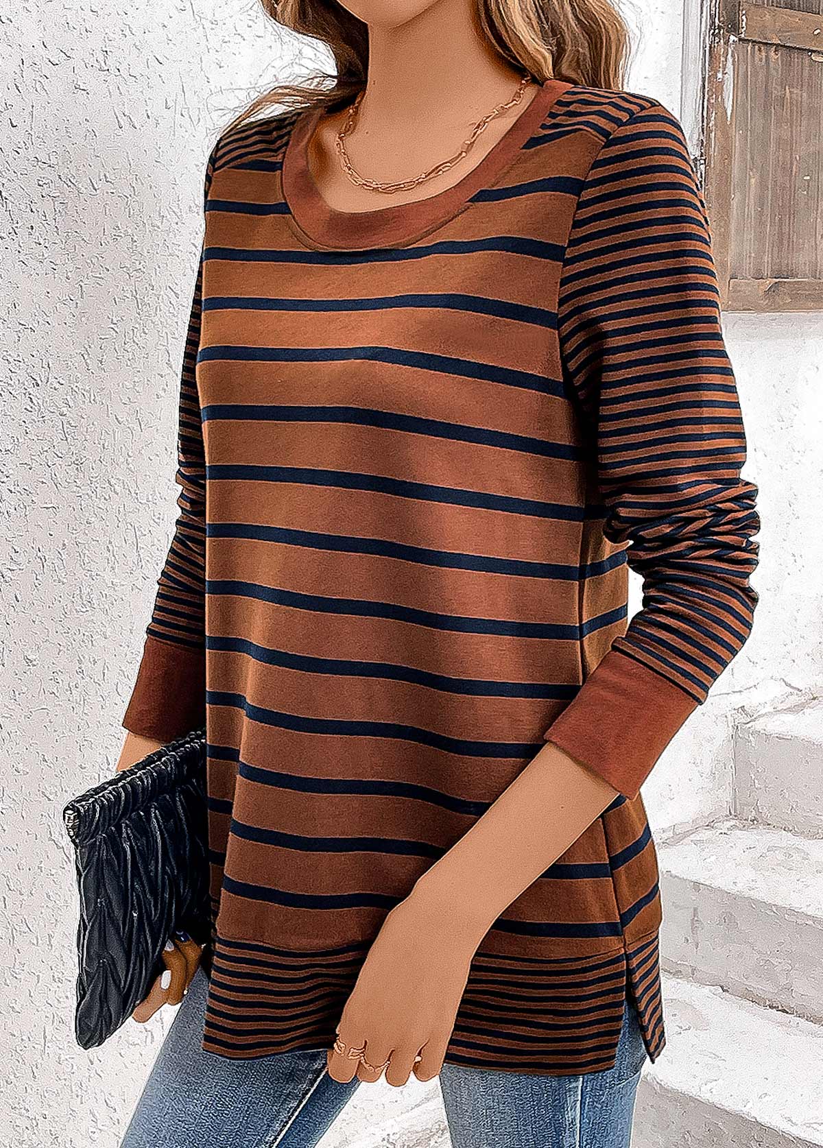 Dark Coffee Patchwork Striped Long Sleeve T Shirt