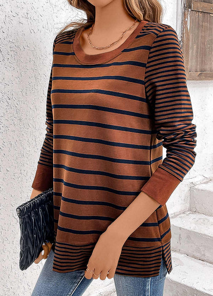 Dark Coffee Patchwork Striped Long Sleeve T Shirt