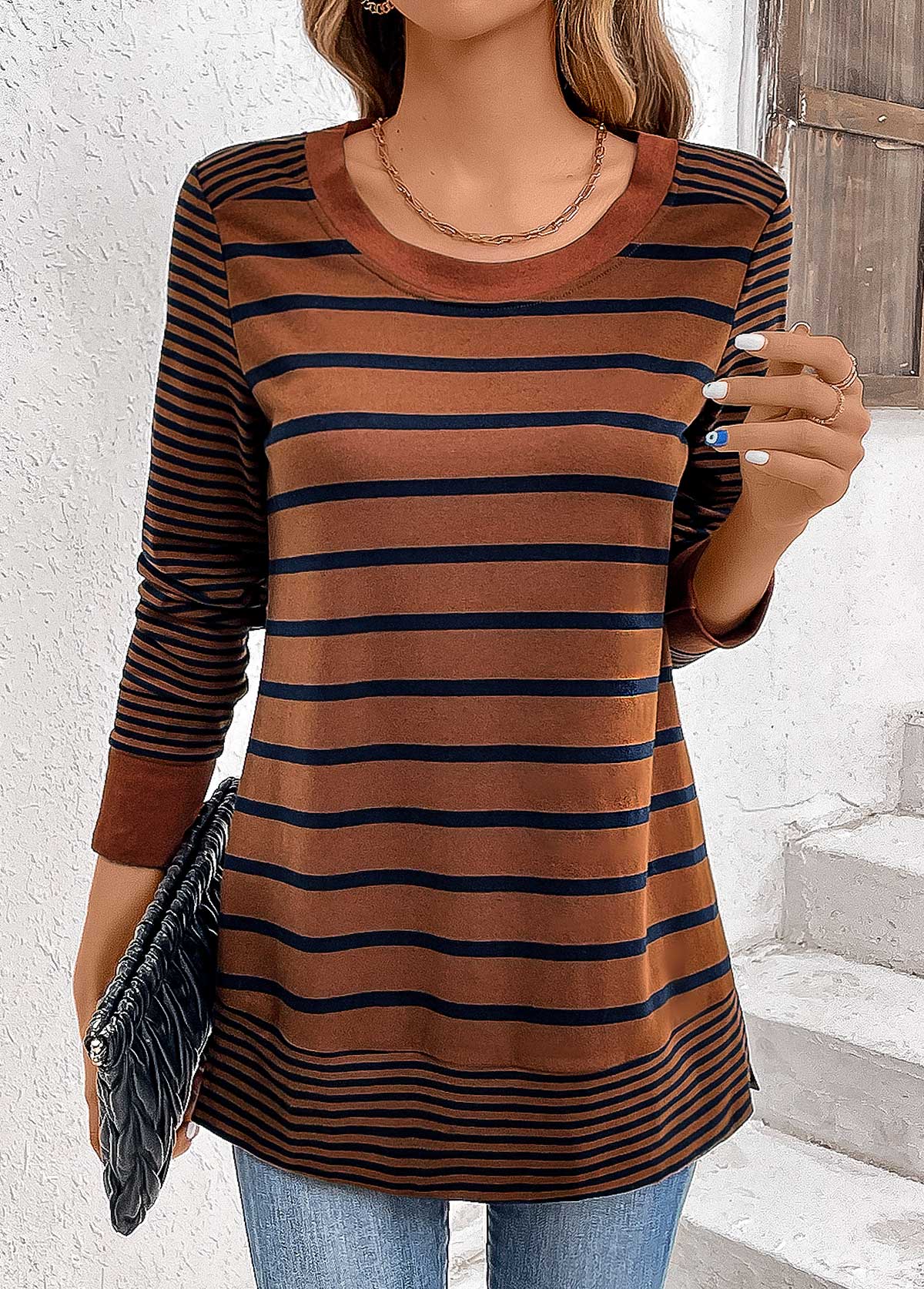 Dark Coffee Patchwork Striped Long Sleeve T Shirt