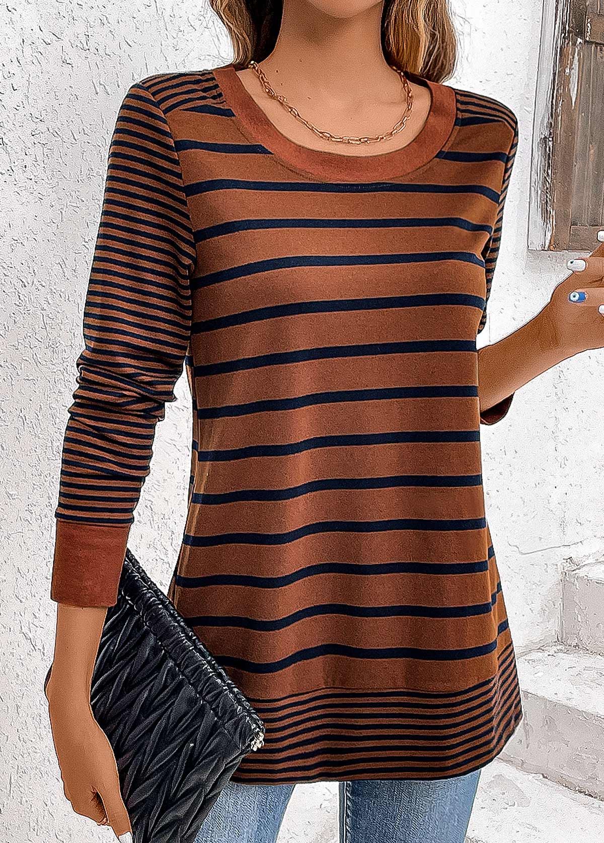 Dark Coffee Patchwork Striped Long Sleeve T Shirt