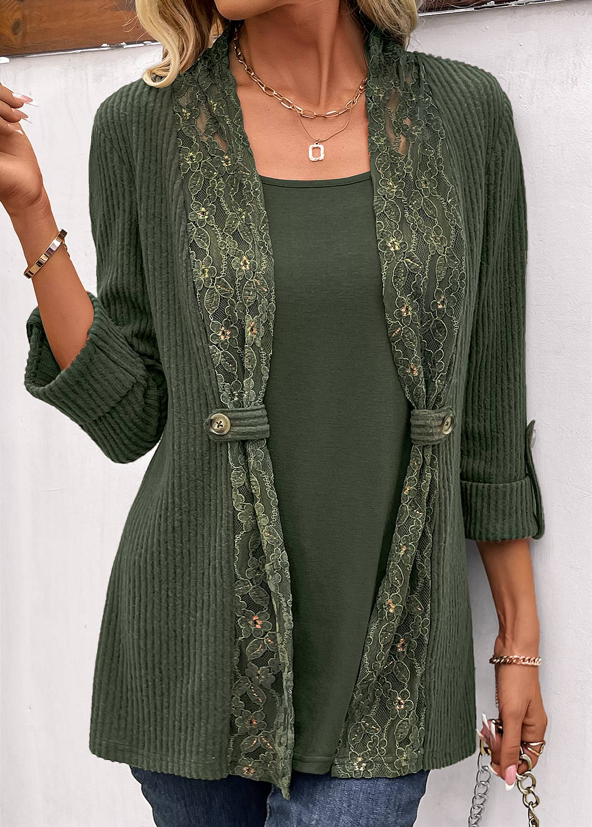 Olive Green Fake 2in1 Long Sleeve T Shirt