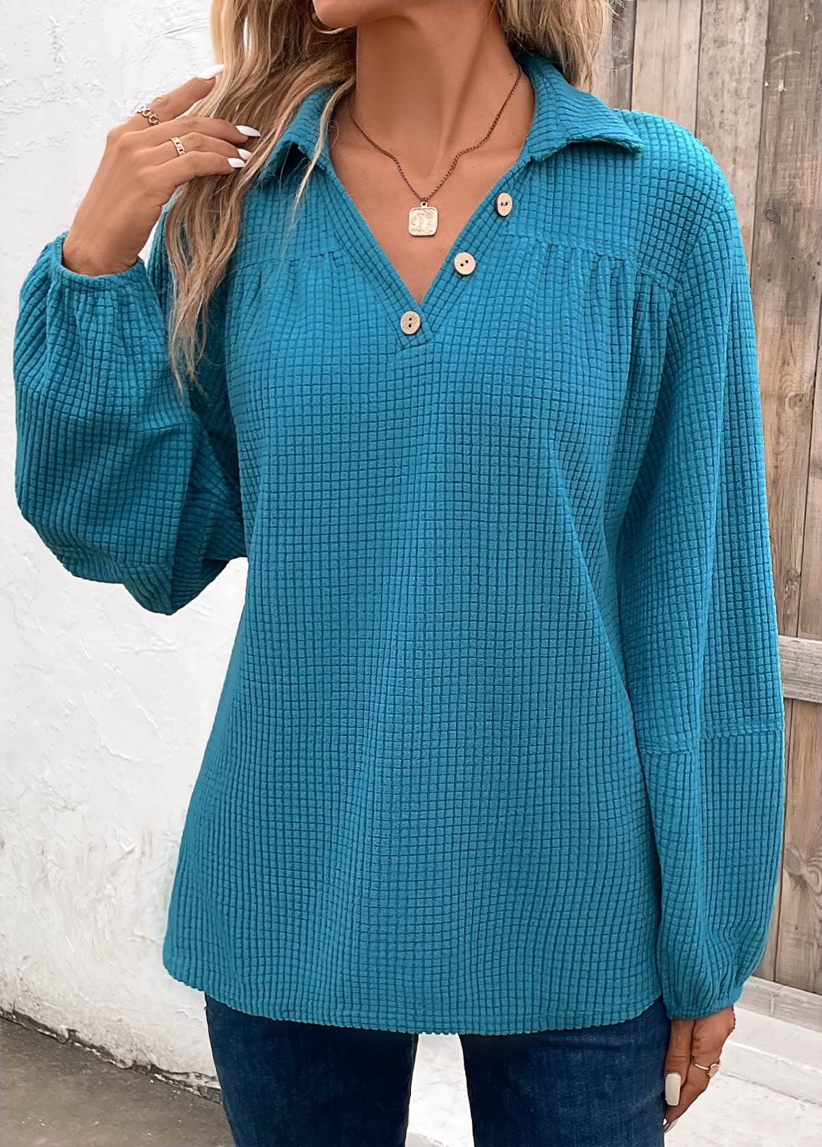 Peacock Blue Ruched Long Sleeve Shirt Collar Blouse