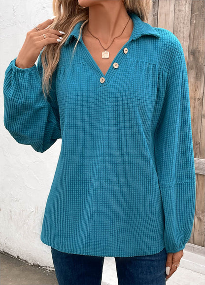 Peacock Blue Ruched Long Sleeve Shirt Collar Blouse