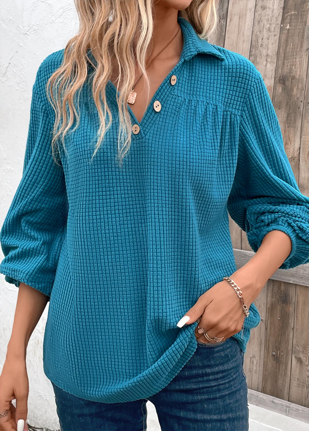 Peacock Blue Ruched Long Sleeve Shirt Collar Blouse