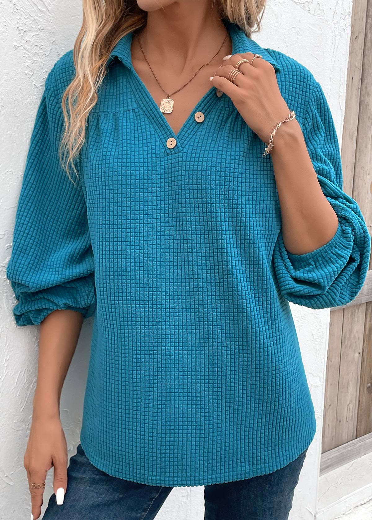 Peacock Blue Ruched Long Sleeve Shirt Collar Blouse