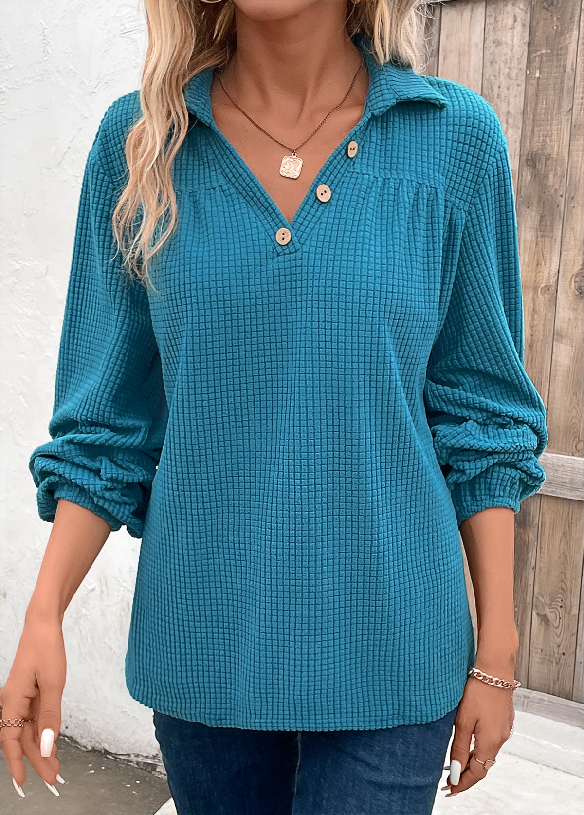 Peacock Blue Ruched Long Sleeve Shirt Collar Blouse