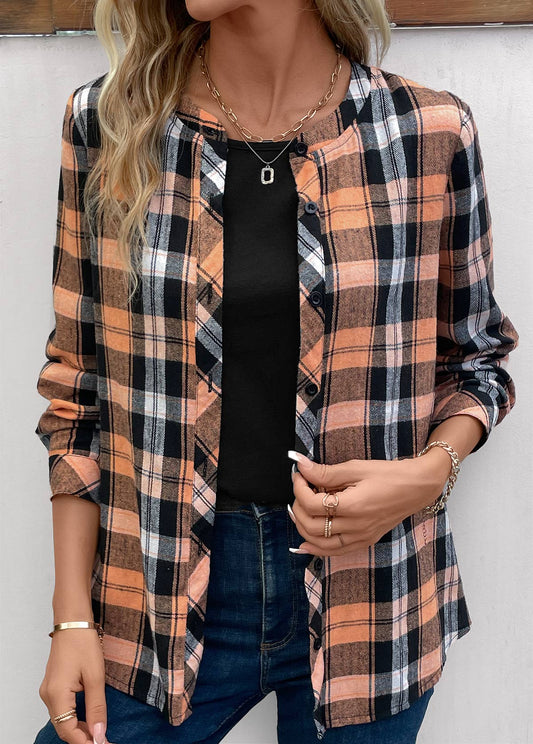 Orange Button Plaid Long Sleeve Round Neck Blouse