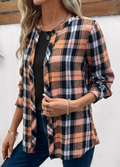 Orange Button Plaid Long Sleeve Round Neck Blouse