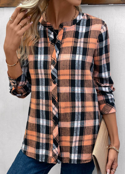 Orange Button Plaid Long Sleeve Round Neck Blouse