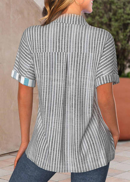 Denim Blue Pocket Short Sleeve Shirt Collar Blouse