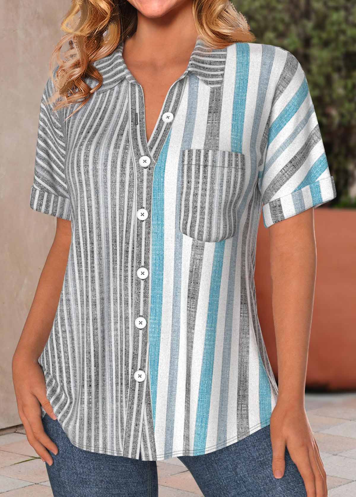 Denim Blue Pocket Short Sleeve Shirt Collar Blouse