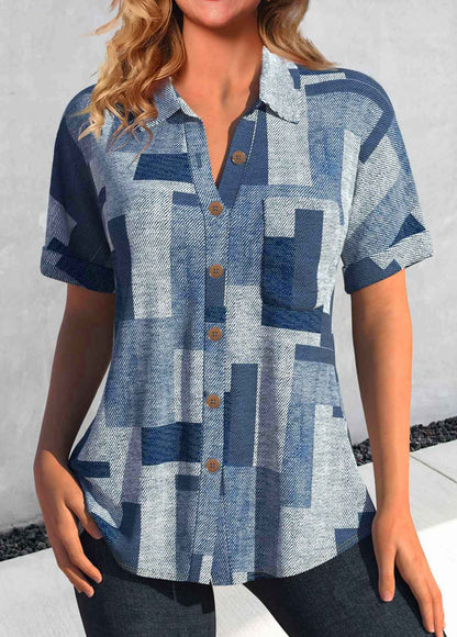 Light Blue Pocket Geometric Print Short Sleeve Blouse