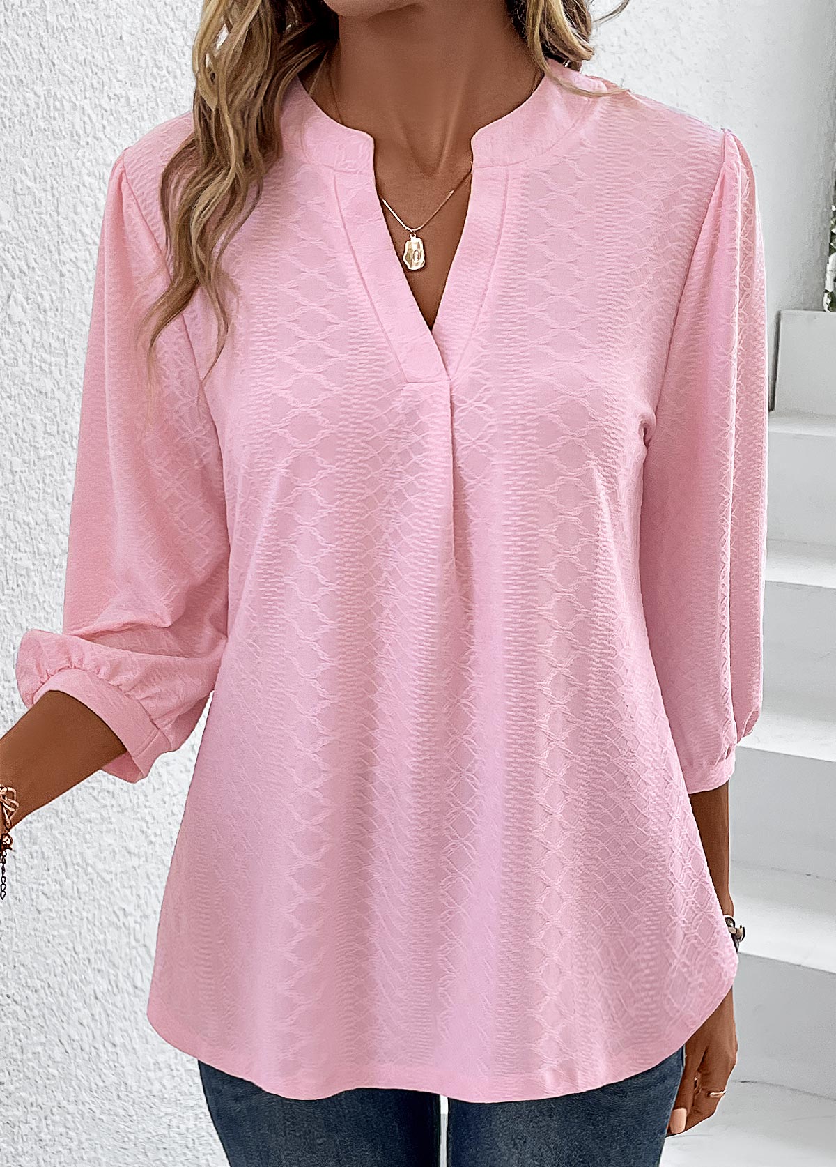 Pink Ruched Three Quarter Length Sleeve T Shirt