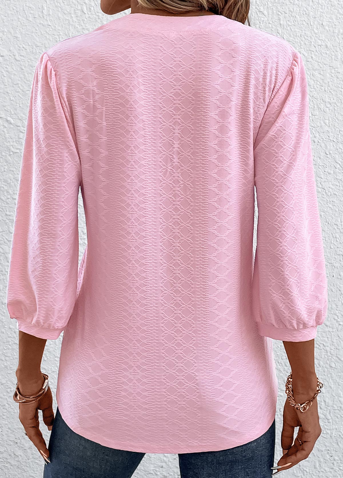 Pink Ruched Three Quarter Length Sleeve T Shirt